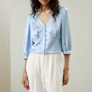 Blue Puff Sleeve Ruched Blouse